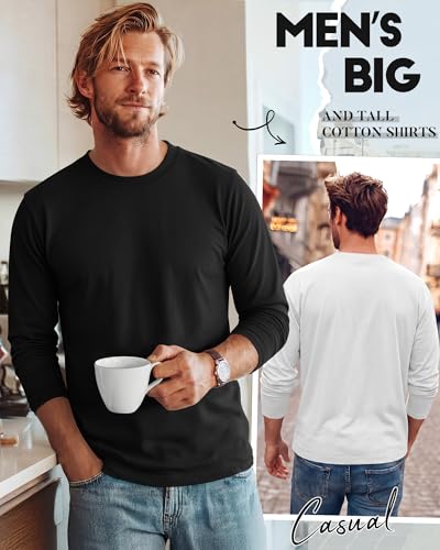 Image of August Alley 4 Pack Men's Big and Tall Cotton Shirts L-7XL, Long Sleeve Oversized Tops Loose Casual Large T-Shirts Basic Tee