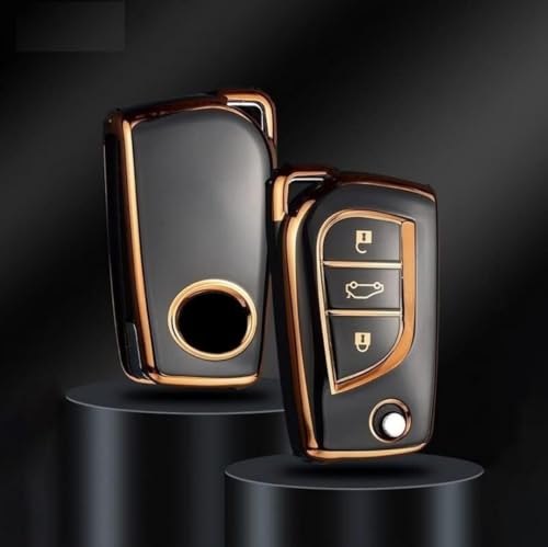 Image of TPU Car Key Cover Black & Golden Compatible for Toyota Innova Crysta, Corolla Altis (Toyota, 2 Button Flip Key)