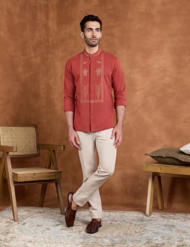 Image of Amazon Brand - Symbol Men's Cotton Blended Full Sleeve Kurta| Regular Fit | Ethnic Motif Embroidery Mandrin Collar| Front Full Open | Available in Plus Sizes