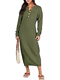 ANRABESS Women Long Sleeve Button V Neck Oversized Casual Loose Fit Waffle Knit Fall Midi Sweater Dress 2025 Trendy Outfits Pea Medium