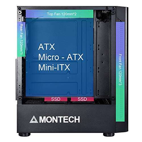 Montech X1 Black ATX Mid-Tower Case - High Airflow, Front Mesh Ventilation, Tempered Glass Side Panel, Pre-Installed 4 x 120mm Autoflow Rainbow LED Fans