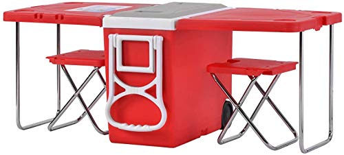 Kühlbox Mit Rädern, Klapptisch, 2 Hocker Großer Picknick-Tisch Für Camping/Strand/Grill/Angeln Familie Erweiterbarer Tisch, 28L (45-Can),Rot
