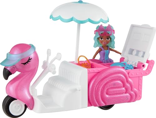 Polly Pocket Spielset für Puppen und Spielzeugfahrzeug, Snackwagen mit 7,6 cm Puppe, Haustier und 17 Zubehörteilen, inklusive Essen und Kleidung