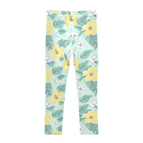 Yellow Hibiscus Palm Leaf Girls Casual Leggings for Kids Printed Long Pant Bottoms Stretch and Soft2