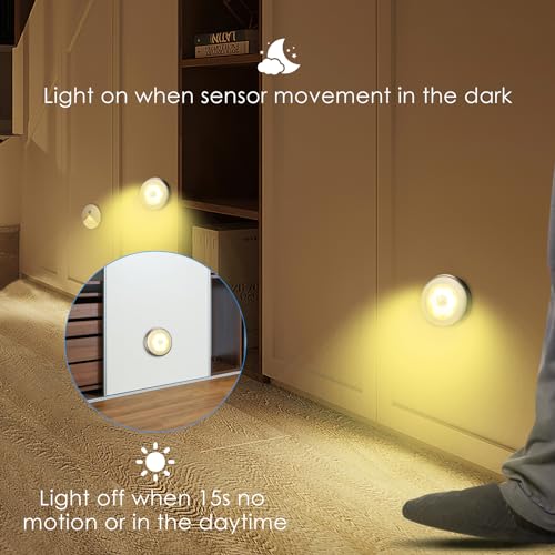 Image of AMIR 3.15 inch Motion Sensor Light, 6 Pack Cordless Battery-Powered LED Night Light, Stick-Anywhere Closet Lights Stair Lights, Safe Lights for Hallway, Bathroom, Bedroom, Kitchen (Golden - Warm White)
