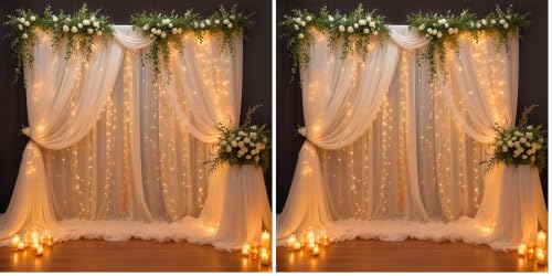 Image of Party Propz White Net Curtain for Decoration with Fairy Lights (9m), White Canopy Tent for Decorations, Birthday Backdrop for Decoration, Backdrop Decorations(7pcs) (Pack of 2)