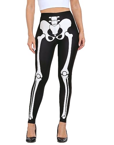 HDE Trendy Design Workout Leggings - Fun Fashion Graphic Printed Cute Patterns Skeleton Bones - XXL