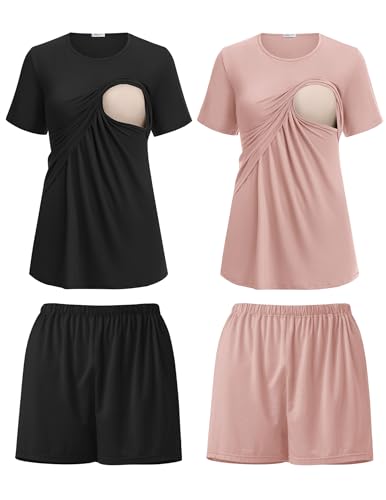 Image of Ekouaer 2 Pack Women's Nursing Pajamas Set Double Layer Maternity Pjs Postpartum Loungewear Set Breastfeeding Tops & Shorts