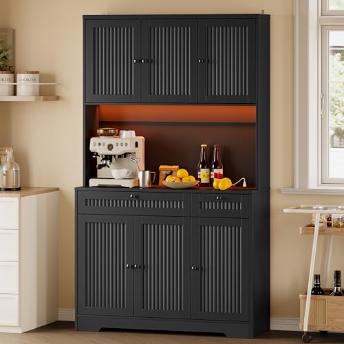 Image of BORNOON Pantry Cabinet with Charging Station and Light, Tall Kitchen Pantry Storage Cabinet with Microwave Stand, Wide Fluted Kitchen Hutch with Storage Drawers and Adjustable Shelves for Dining Room