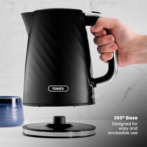 Image of Tower Premium Windsor Electric Kettle 1.7L, 1350W | Strix Contoller, Rapid Boil in 45 Seconds, Auto Shut-Off, Boil-Dry Protection, 360 Power Base, Water Level Indicator, 2.5 Year Warranty (Black).