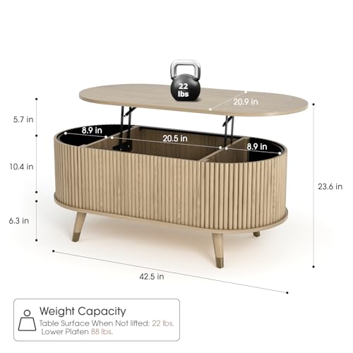 Image of JOINICE Oval Lift Top Coffee Table with Storage for Living Room,43 inch,Oak