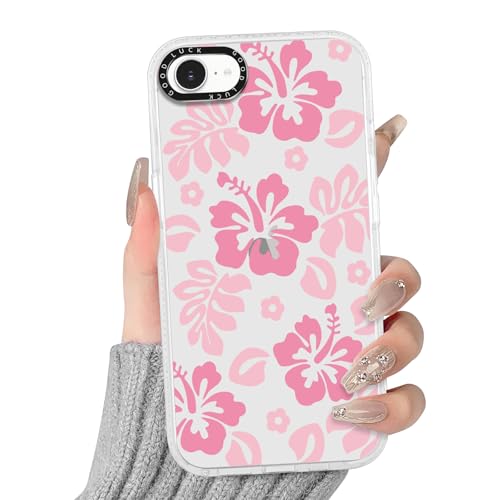 RUMDEY Clear Hibiscus Flower Case for iPhone 16e 6.1", Cute Preppy Floral Crystal Pattern Aesthetic Design Soft Slim Anti-Yellow Protective Shockproof TPU Phone Cover for Women Girls - Pink