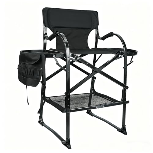 كرسي مخرجين قابل للطي خفيف الوزن مصنوع من خليط معدني من ميشديا - كرسي محمول ومتين لفناني المكياج، سعة تحمل 120 كغم (اسود غير لامع، مقاس XL)