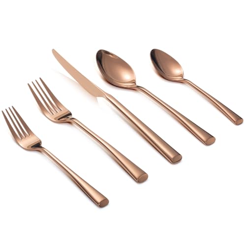 Alata Bailey Rose Gold 20-Piece Forged Stainless Steel Flatware Set Cutlery Set Service for 4 Silver Finish Dishwasher Safe