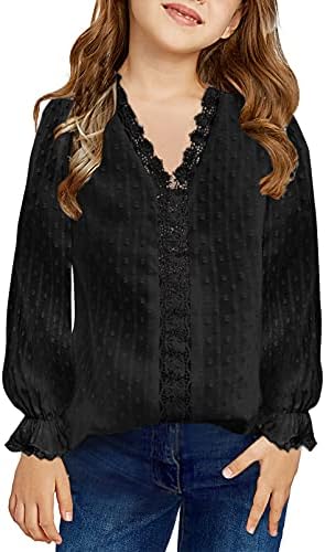 Dokotoo Girls Cute V Neck Ruffle Long Sleeve Princess Shirts Solid Color Lace Crochet Pom Pom Loose Soft Chiffon Boho Blouses for Teen Girl Tunic Tops Size 10-11 Black