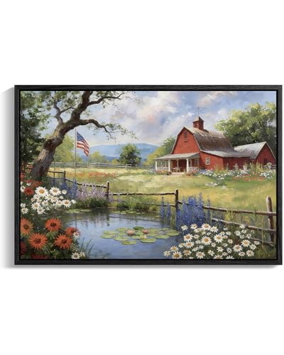 Image of American Flag Framed Canvas Wall Art, 4th of Jul Floral Canvas Prints, Summer Cottage Landscape Patriotic Decorations, Vintage Rustic Independence Day Wall Decor for Bedroom Living Room 16x20