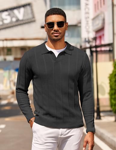 COOFANDY Mens Knit Long Sleeve Polo Sweaters Casual Polo Collared Sweater V-Neck Textured Pullover3