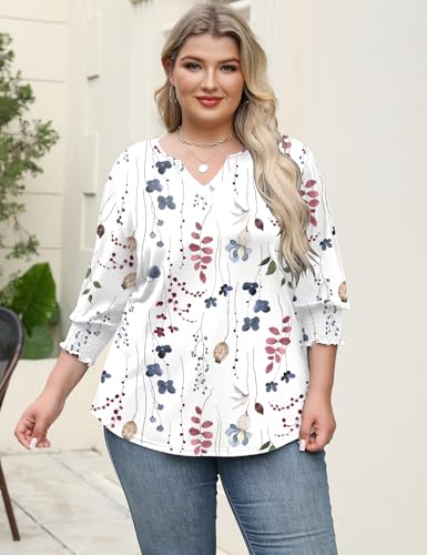 Rapbin Women's Plus Size Tops Three-Quarter Sleeve V-Neck Tunic Top Elegant Printed Dressy Casual Shirts Lightweight Blouses (White Floral 3XL)