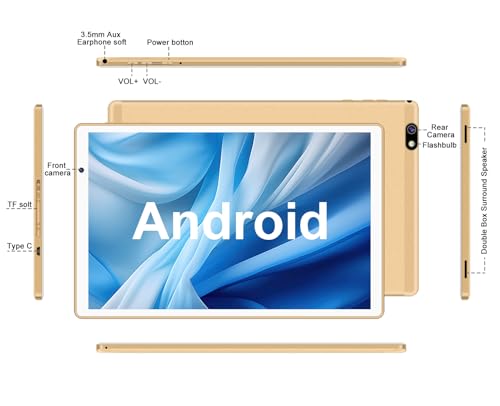 Image of 2026 Lastest Tablet 10 inch Android Tablet with 14GB RAM 128GB ROM, Octa-Core 2.0 GHz, 8000mAh Battery, 5G WiFi, BT 5.0, HD IPS Touchscreen, GMS, 5 MP + 8MP Dual Camera,Tablet with Keyboard Mouse,Gold