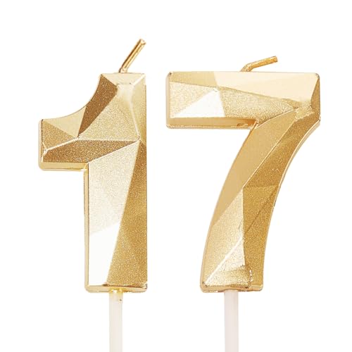 Velas para o 17º aniversário, número 17º dourado, velas de feliz aniversário, para rapazes e raparigas, decorações de bolo de 17 anos, festa de aniversário, aniversário de casamento, celebração