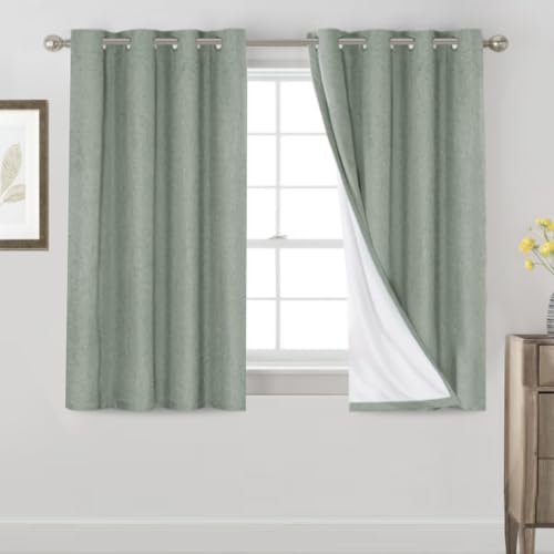 Image of PrinceDeco 100% Blackout Curtains 54 inch Long Green Blackout Curtains for Bedroom Linen Texture Solid Thermal Insulated with White Liner Luxury Decor for Nursery 52x54 Inch (2 Panels)