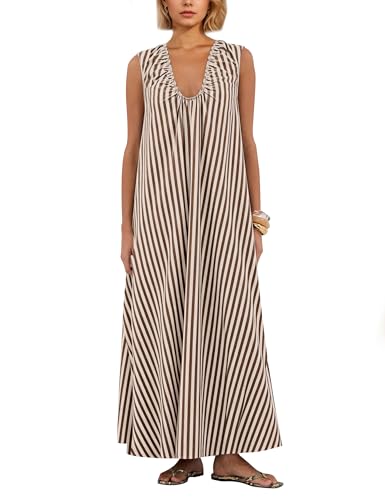 Image of Women Flowy Maxi Dress Ruched Sleeveless Long Dress Vacation Fashion Summer Casual Loose Fit Sundress with Pockets