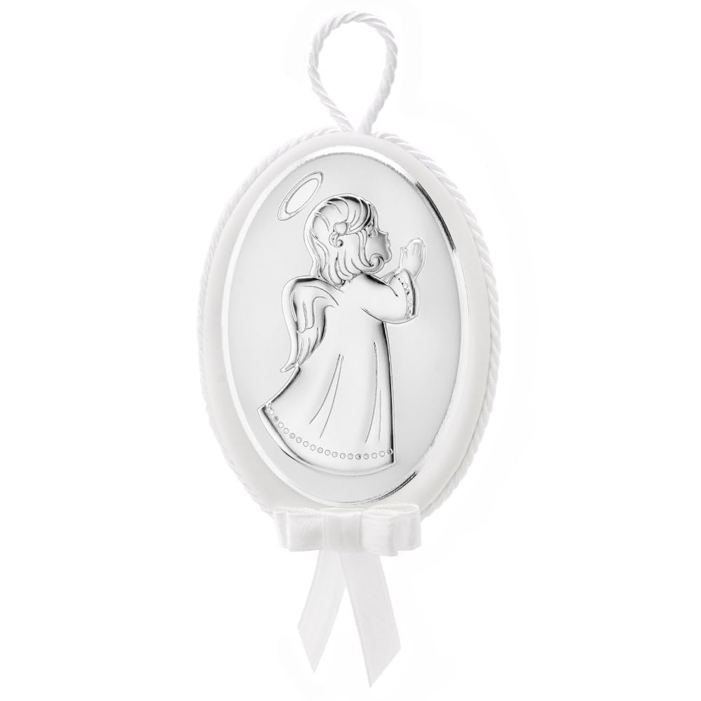 Medaglione Musicale Capoculla Ovale con Angelo Che Prega in Argento, Personalizzabile con Incisione del Nome, Idea Regalo per Nascita o Battesimo con Carillon Integrato Bianco