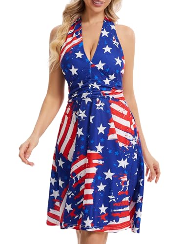 Image of Women's Festival Dress- Halter V Neck Sleeveless Ruffle Mini Dresses with Pocket