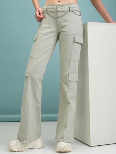 Image of Tokyo Talkies Women's Flared Cargos Trousers | Stretchable Trousers|Mid-Rise