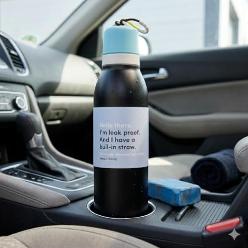 Image of Water Bottle for Office Use - Leak Proof Stainless Steel Bottle with Built-In Straw, 24oz, BPA Free, Easy Carry Loop, Durable for Daily Hydration (Crow Black, 720 ML)