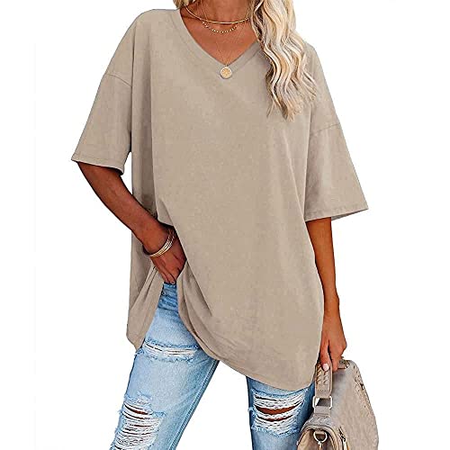 Famulily Women's Short Sleeve T Shirts Half Sleeve V Neck T Shirts Comfy Cotton Loose Tunic Blouse Tops Beige L