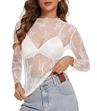 Womens Lace Mesh Long Sleeve Top Floral Sheer See Through Sexy Tops Mock Neck Shirts Party Club Night Blouses White