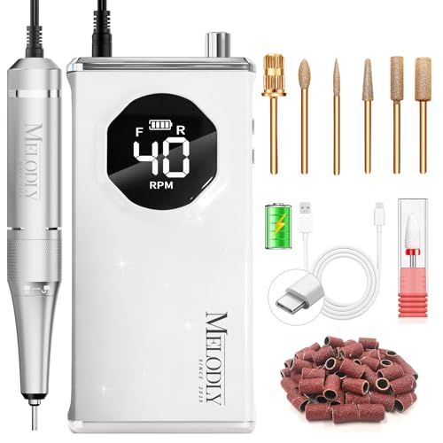 Image of Electric Nail Drill File Professional 40000 RPM, Melodly Rechargeable Electric Nail File Machine Kit for Acrylic Gel Nails Polishing Removing, Portable Cordless Efile with Gold Bits Kit at Salon Home