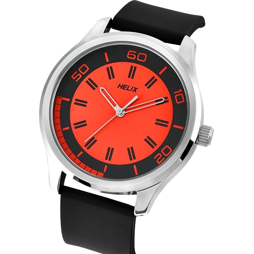 Image of Helix by Timex Analog Watch for Man with Orange Round Dial & Black Silicone Strap Band Water Resistant Men's Wrist Watches - TW043HG20