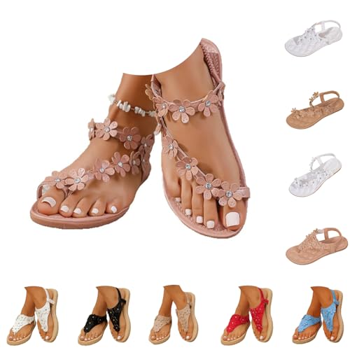 Générique Sandales RandonnéE Femme Sandales Femme éTé Plates BohèMe à Fleurs Et Strass Nu Pieds Souples LéGers Et Confortables, Chaussures De Plage...