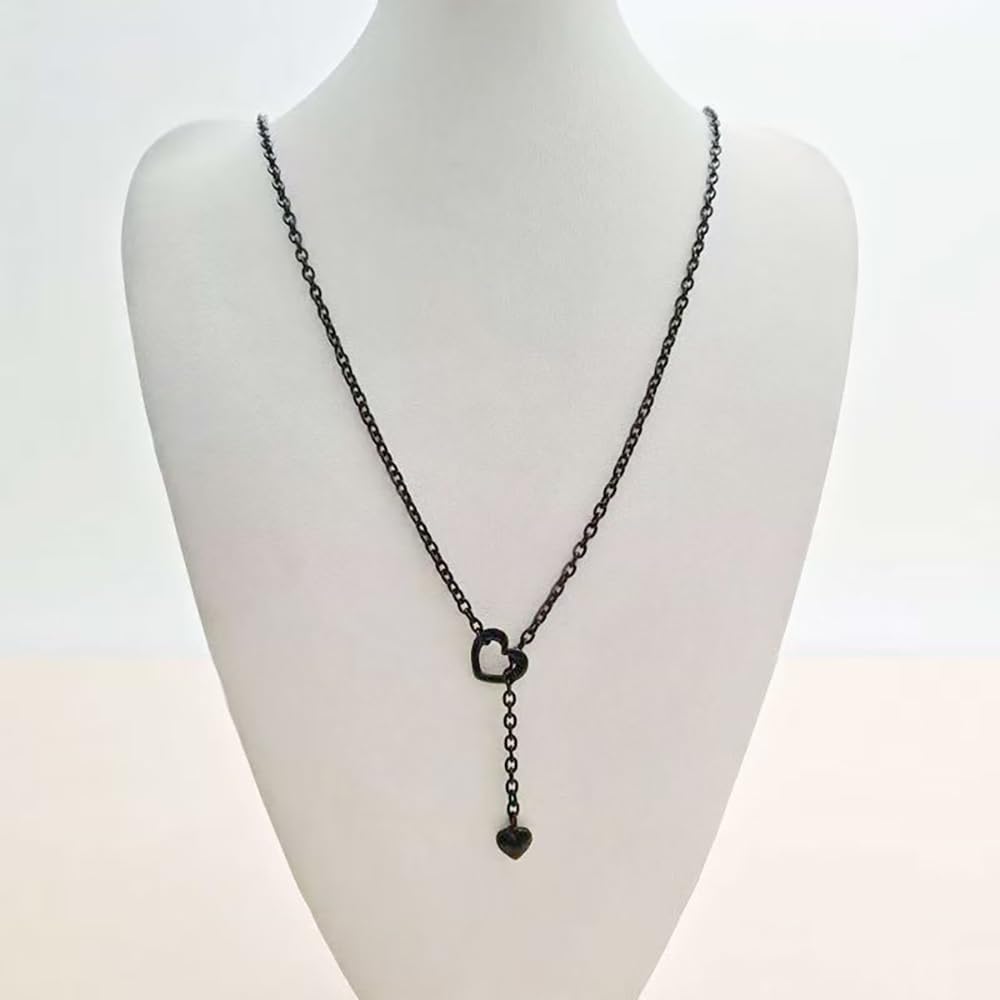 Goth Black Heart Lariat Layered Necklaces for Women Stainless Steel Long Adjustable Chain Necklace Jewelry - Image 2