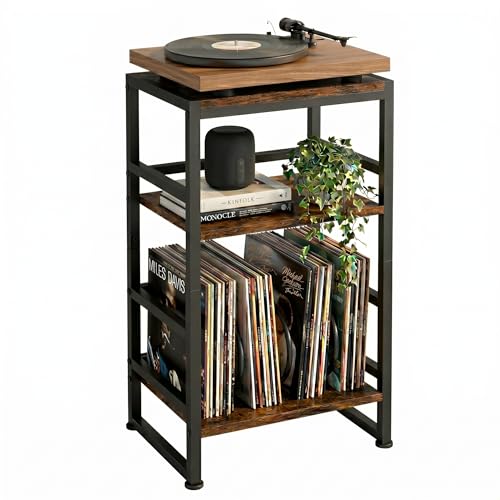 ZEXVIDA Plattenspieler-Ständer 3 Etagen Beistelltisch Plattenspielertisch Aufbewahrung von Schallplatten bis zu 120 Alben Tisch für Wohnzimmer Schlafzimmer Vintagebraun (Rustikal Braun)