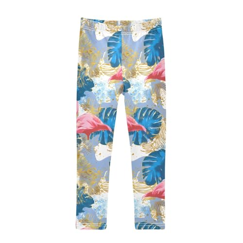 ALAZA Girls' Leggings Children's Yoga Pants Skinny Printed Dance Flamingo Blue Gold Comfortable 4T