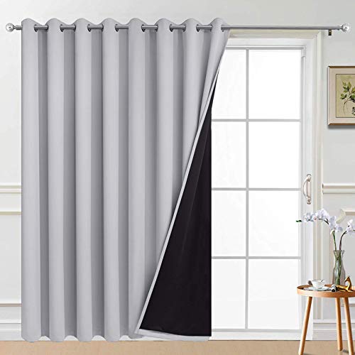 Image of Yakamok Light Grey Blackout Patio Door Curtain Panels W100 x L84, 1 Panel | Noise Reducing Barrier Panel for Sliding Glass Door, 2 Thick Layers Heat Full Light Blocking Patio Door Drapery