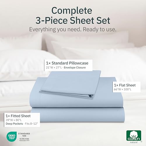 Image of Super Soft 100% Cotton XL Twin Sheets, 3 Pc Set, Sky Blue | Lightweight & Breathable For Hot Sleepers, All-Around Elastic, Durable, Easy Care, OekoTex Certified