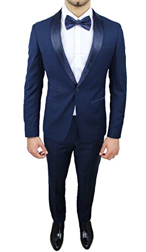Abito Completo Uomo Sartoriale Blu Raso Slim Nuovo Elegante Cerimonia (50, Blu)