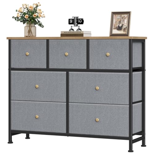 Image of OLIXIS 7 Drawer Dresser for Bedroom, Tall Fabric Storage Tower with Sturdy Steel Frame and Wooden Top, Large Dresser for Living Room Entryway with Easy Pull Fabric Bins, Gray Blue