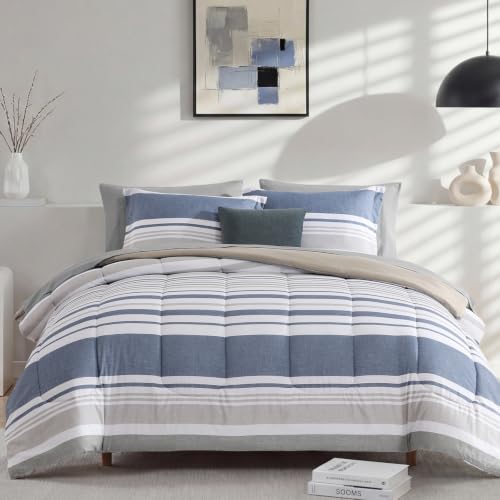 Image of Monbix Queen Comforter Set - 7 Pieces Bed in a Bag Queen, Ocean Blue-Stripe Bedding Sets, All Seasons Comforter Bed Set with Sheets, Pillowcases & Shams