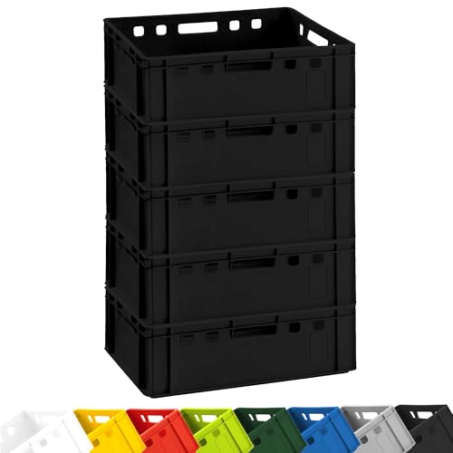 BURI 5x Fleischkiste E2 Metzgerkiste 60x40x20cm lebensmittelecht, robust, stapelbar - Universal Lagerkiste Eurobox aus Deutschland, Schwarz