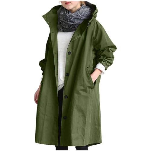 Girls Long Hooded Trench Coat Single Breasted Button Elastic Cuffs Jacket