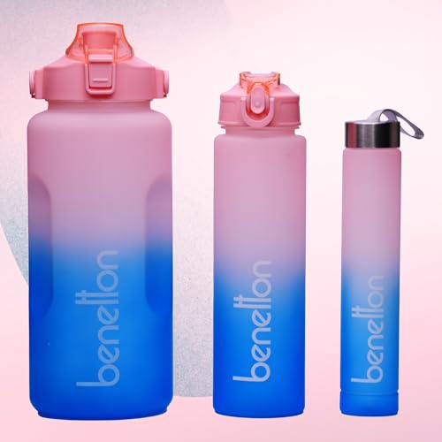 Image of United Colors of Benetton 3-in-1 BPA-Free Water Bottle Set | 2000 ML + 750 ML + 300 ML | Screw Cap, Flip Cap & Straw Lid | Leakproof Reusable Bottles | Gym, Sports, Travel & Daily Use | Pack of 3