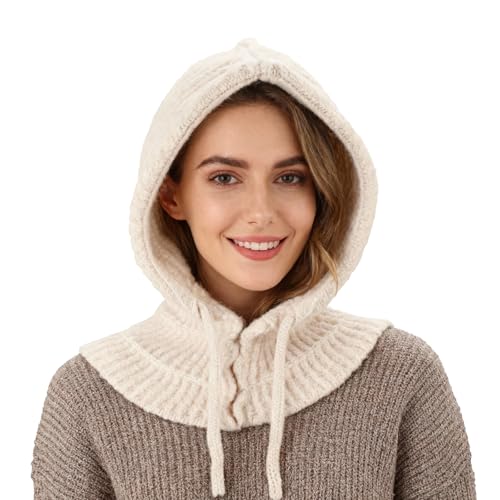 TAGVO Damen Winter Strick Kapuzen Schal Mütze, 2-in-1 Thermo Beanie & Nackenwärmer, Verstellbare Winddichte Sturmhaube Unisex für Outdoor