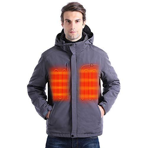 [2020 Upgrade] Men's Heated Jacket with Battery Pack, Heated Coat with Detachable Hood and Waterproof& Windproof Grey