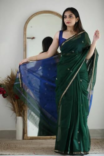 Image of Women's Cotton Woven Soft Sarees With Attach Blouse Piece.