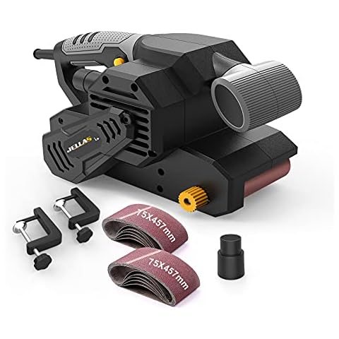 Jellas Belt Sander, 2 in 1 Bench & Belt Sander, 75x457mm Belt Sanders for Wood with 12Pcs Sanding Belts, Dust Bag, Vacuum Adapter, 3m Power Cord for Derusting, Stripping Paint and Sanding Cover
